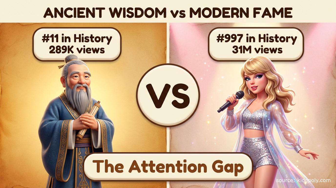 Split infographic comparing Confucius (#4 in historical importance with 289K views) versus Taylor Swift (#997 with 31M views) - showing the attention gap between ancient and modern figures