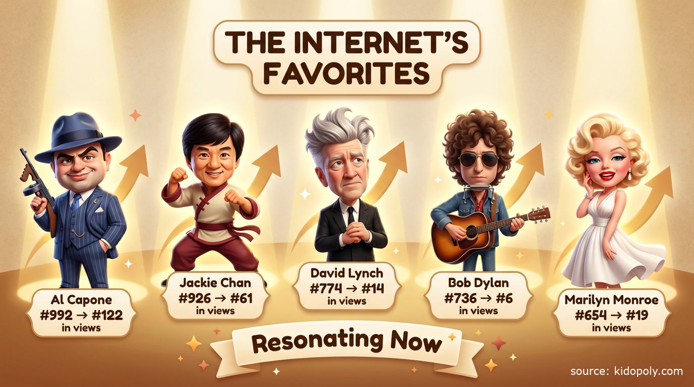 Infographic showing figures who capture outsized internet attention - Al Capone, Jackie Chan, David Lynch, Bob Dylan, and Marilyn Monroe